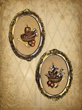 2 Vintage Wall Decor Oval Frames Vegetables